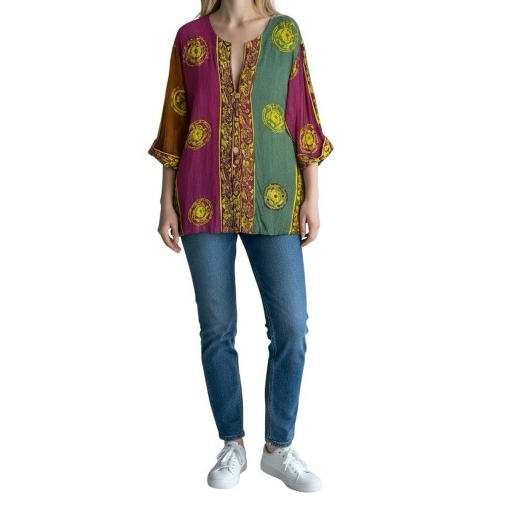 Soft Surroundings Beaded Tunic Top Women Large Patchwork Boho Embroidered Artsy